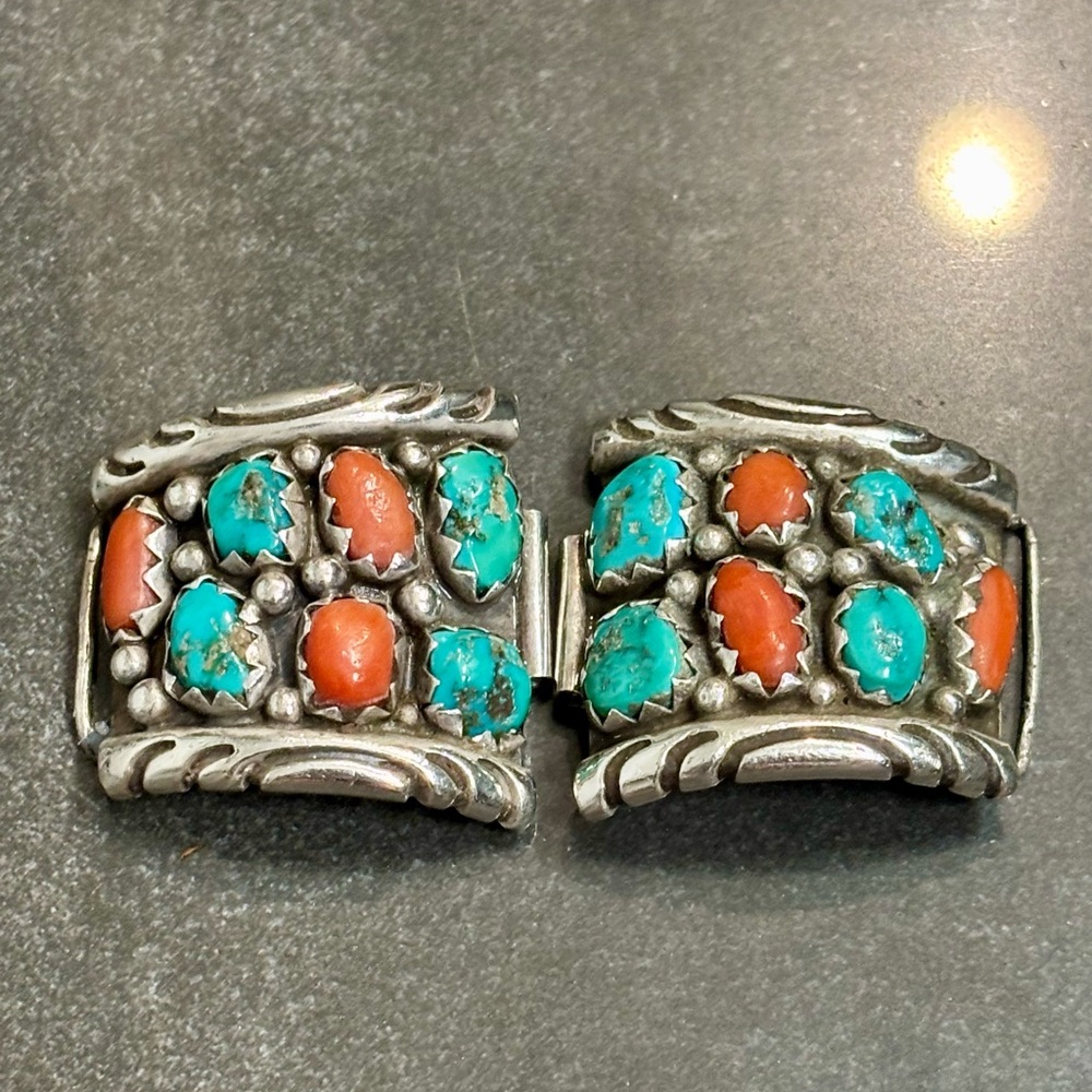 Tommy Moore vintage sterling silver, coral and turquoise watch band